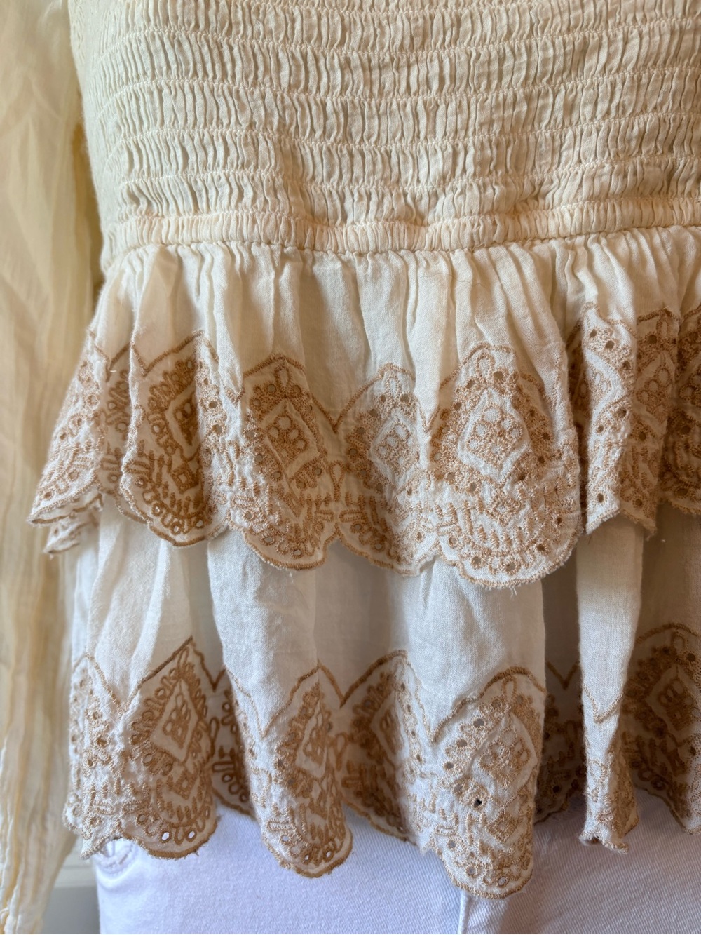 Boho Smocked Peasant Top in Cream with Embroidered Hem, size M - Picture 3 of 8